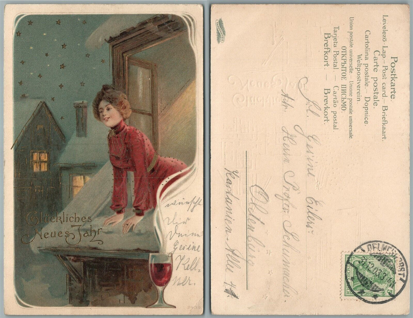 HAPPY NEW YEAR GERMAN ANTIQUE POSTCARD w/ STAMP