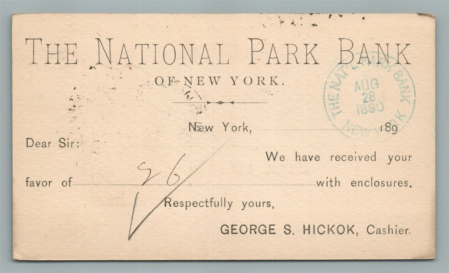 NATIONAL PARK BANK of NEW YORK 1890 ANTIQUE POSTCARD STATEMENT CARD