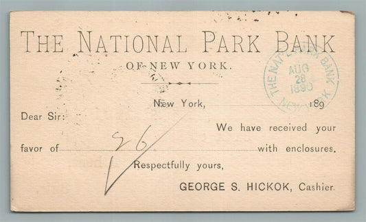 NATIONAL PARK BANK of NEW YORK 1890 ANTIQUE POSTCARD STATEMENT CARD
