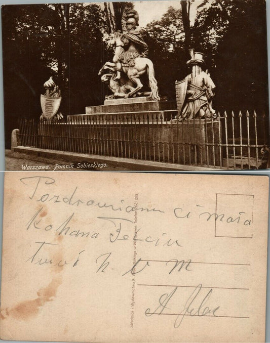 VINTAGE POLISH RPPC REAL PHOTO POSTCARD SOBIESKI STATUE WARSAW POLAND