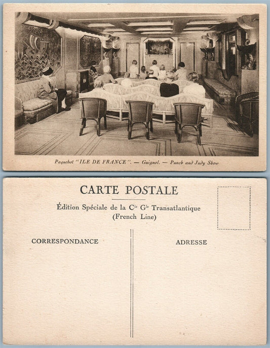 PAQUEBOT ILE DE FRANCE PUNCH & JUDY SHOW ANTIQUE POSTCARD