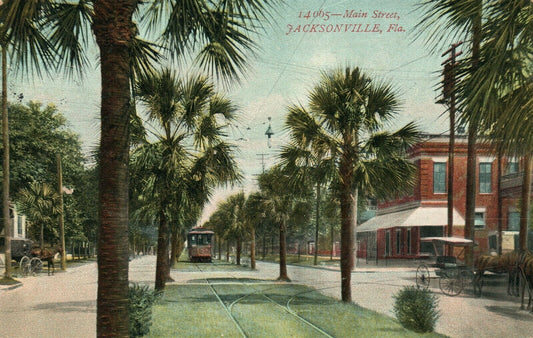 JACKSONVILLE FL MAIN STREET 1908 ANTIQUE POSTCARD w/ CORK CANCEL