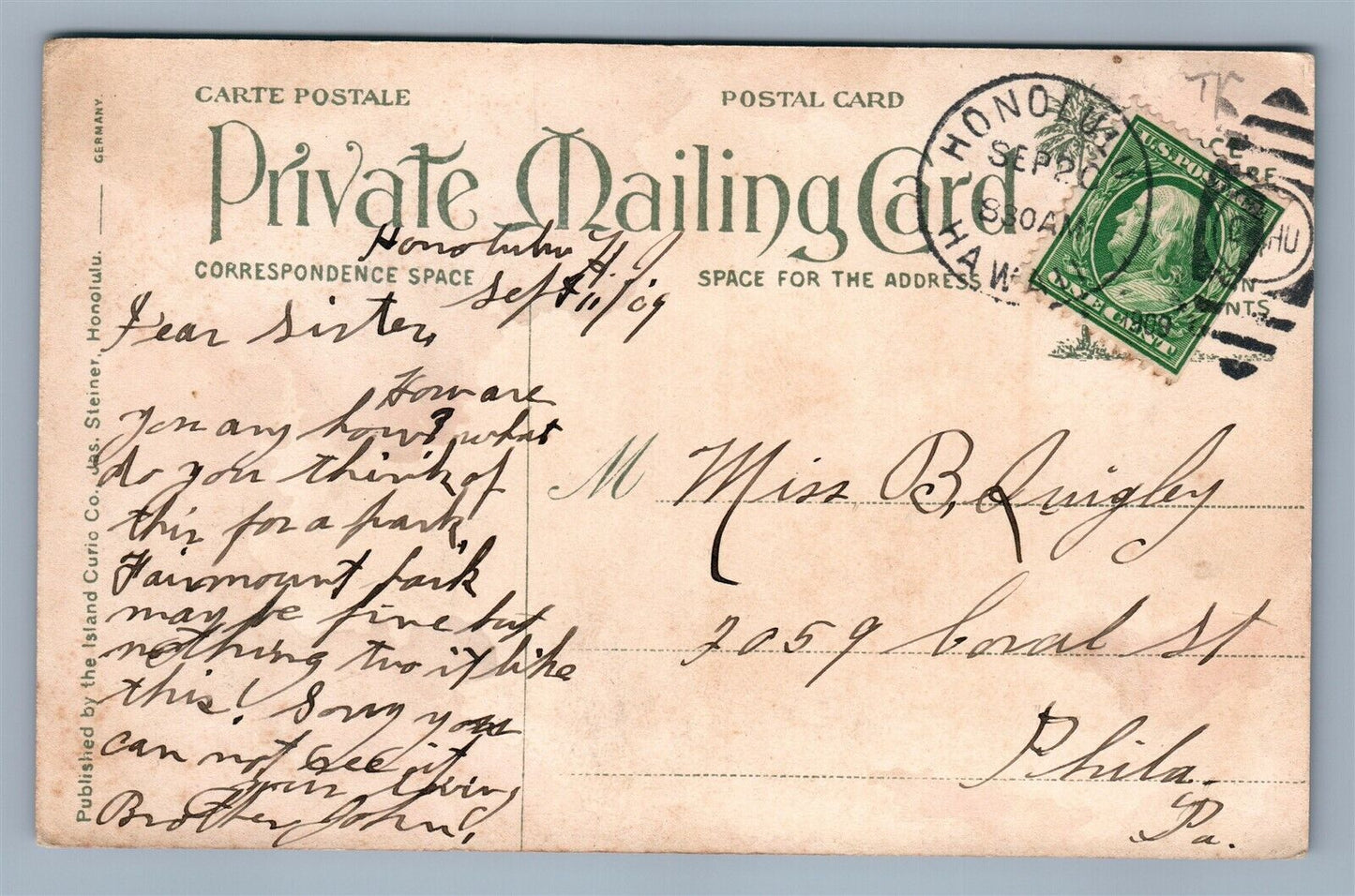 HAWAIIAN ISLANDS MOANALUA PARK ANTIQUE PRIVATE MAILING CARD POSTCARD CORK CANCEL