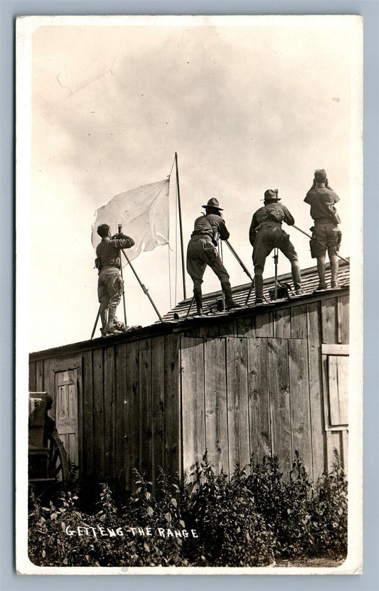 US ARMY SOLDIERS GETTING THE RANGE WWI ANTIQUE REAL PHOTO POSTCARD RPPC