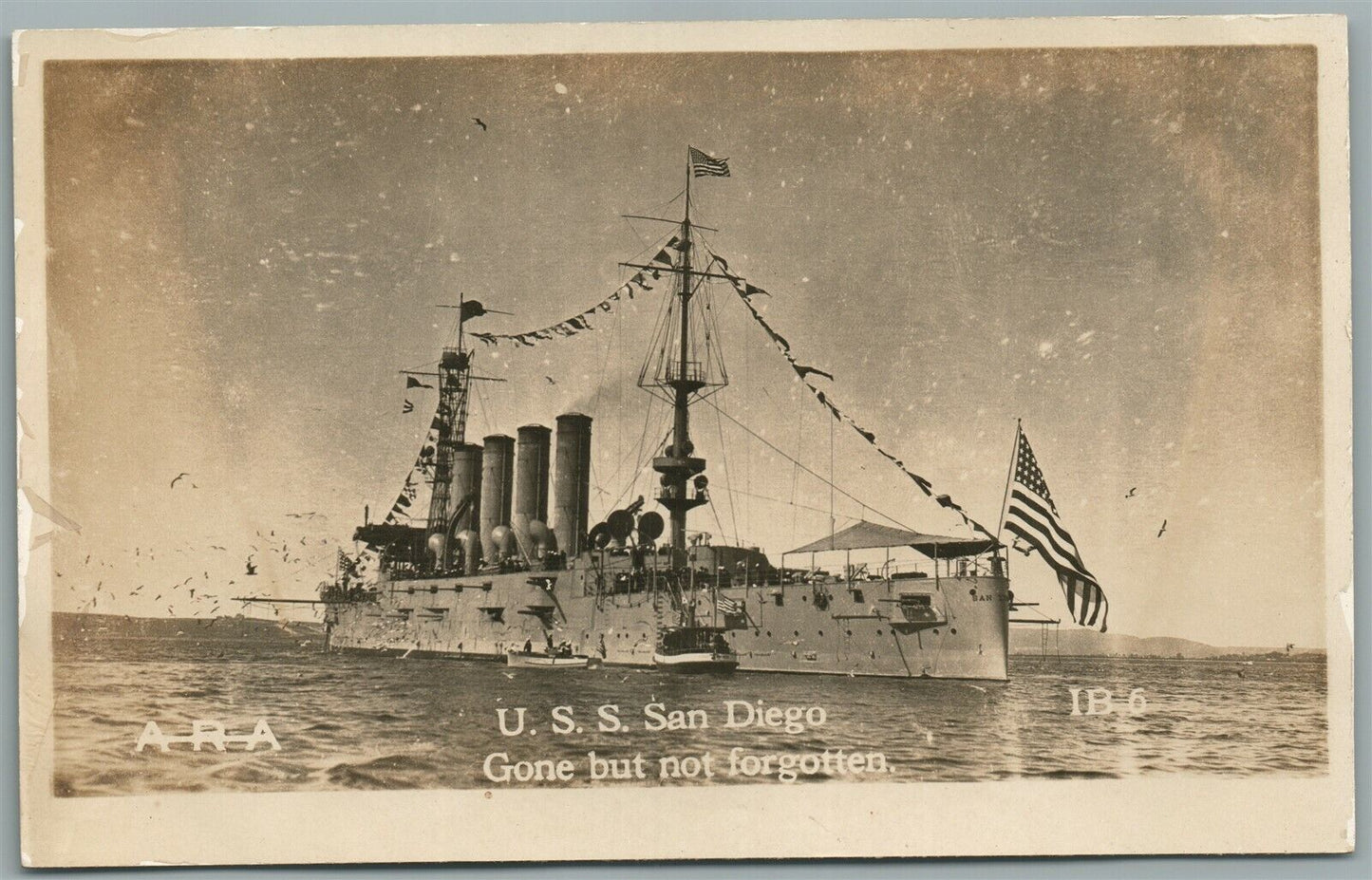 SHIP USS SAN DIEGO GONE BUT NOT FORGOTTEN VINTAGE REAL PHOTO POSTCARD RPPC