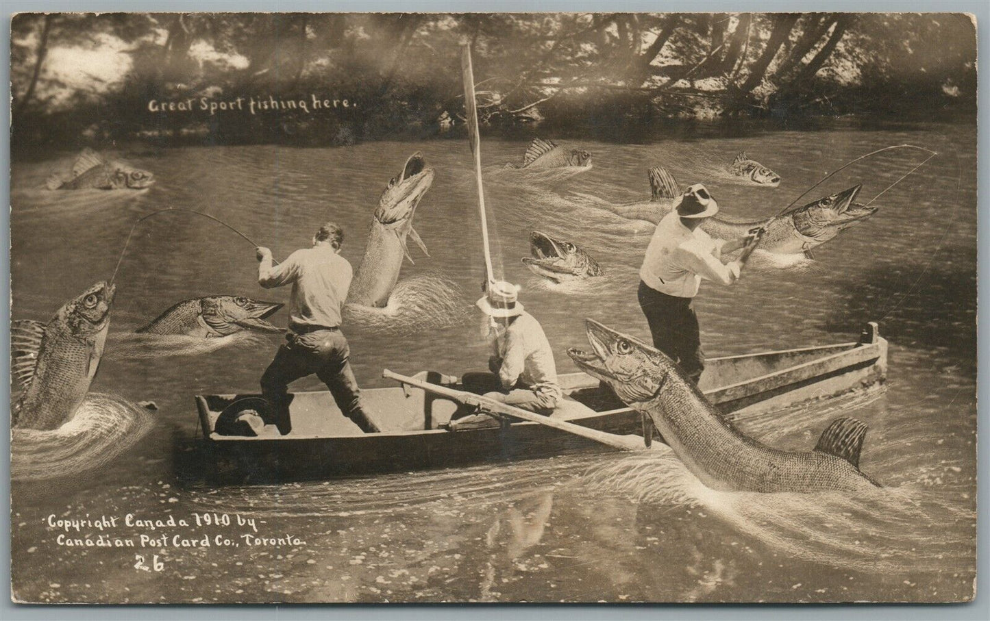 EXAGGERATED FISHING CANADIAN 1910 ANTIQUE REAL PHOTO POSTCARD RPPC