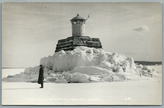 BELFAST ME MONUMENT LIGHTHOUSE VINTAGE REAL PHOTO POSTCARD RPPC