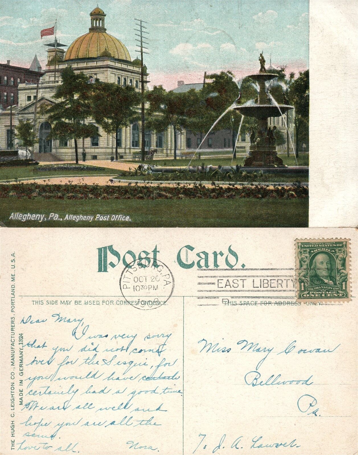 ALLEGHENY PA POST OFFICE 1908 ANTIQUE POSTCARD