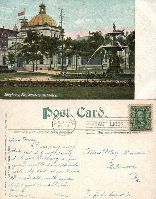 ALLEGHENY PA POST OFFICE 1908 ANTIQUE POSTCARD