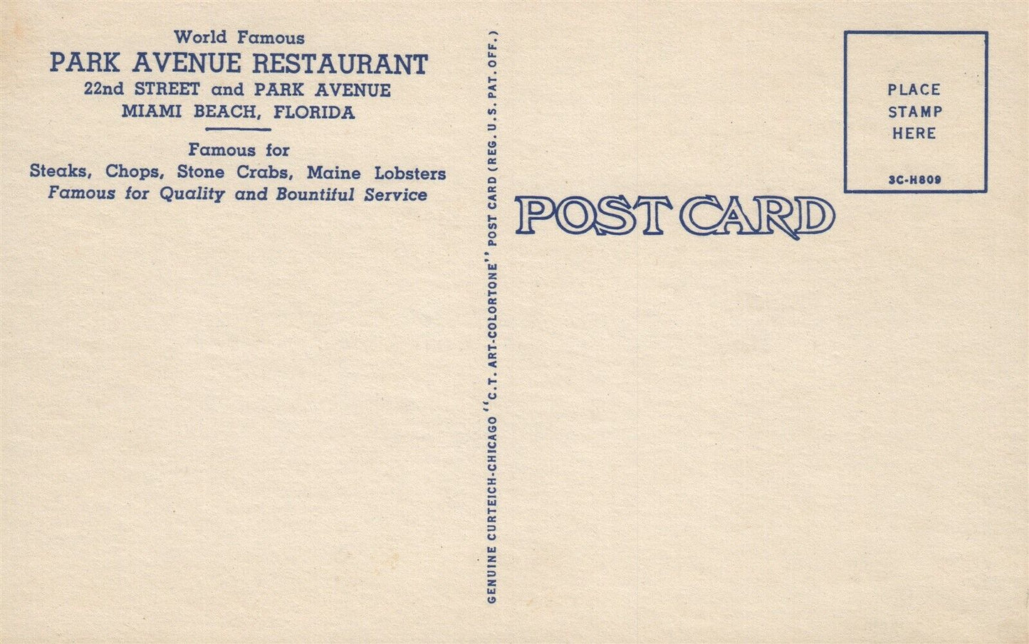 MIAMI BEACH FL PARK AVENUE RESTAURANT VINTAGE POSTCARD