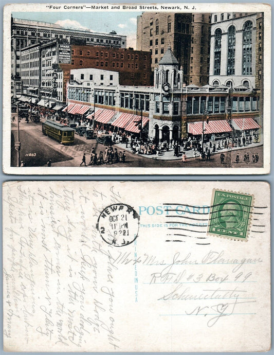 NEWARK N.J. MARKET & BROAD STREET 1921 ANTIQUE POSTCARD