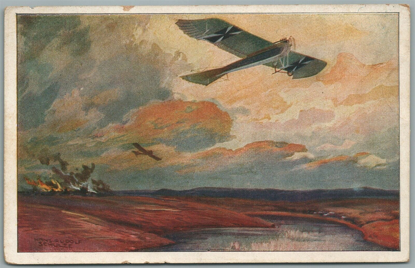 WWI ERA GERMAN AEROPLANE FIGHT ANTIQUE POSTCARD