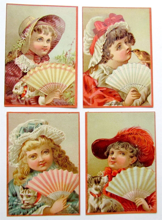 LADIES w/ FANS lot OF 4 ANTIQUE VICTORIAN TRADE CARDS