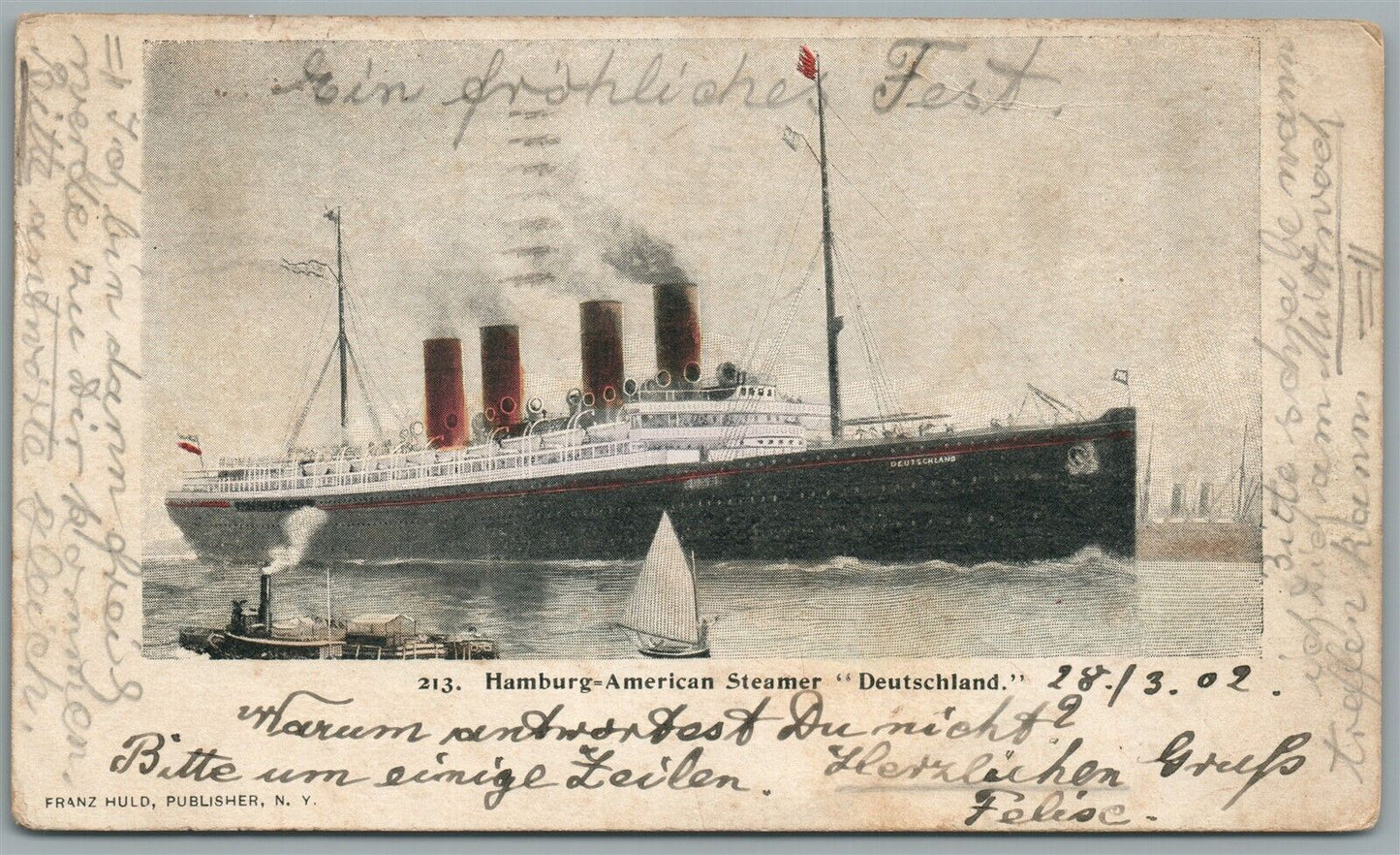 STEAMSHIP DEUTSCHLAND HAMBURG AMERICAN STEAMER ANTIQUE POSTCARD PRIVATE MAILING