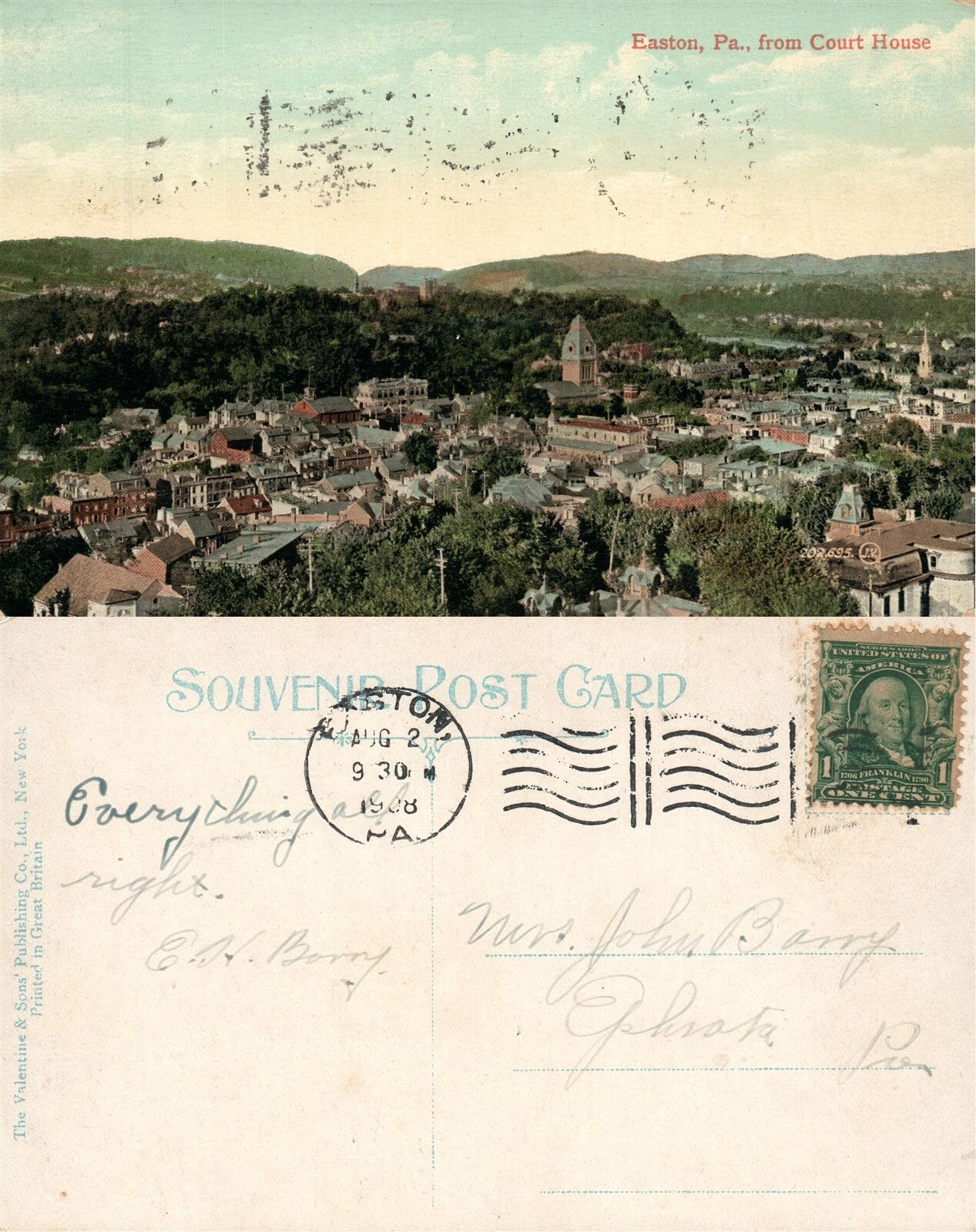 EASTON PA BIRD'S EYE VIEW 1908 UNDIVIDED ANTIQUE POSTCARD