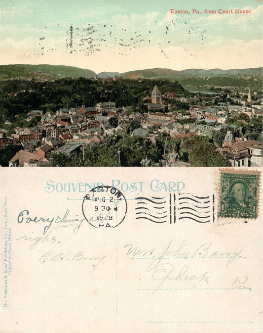 EASTON PA BIRD'S EYE VIEW 1908 UNDIVIDED ANTIQUE POSTCARD