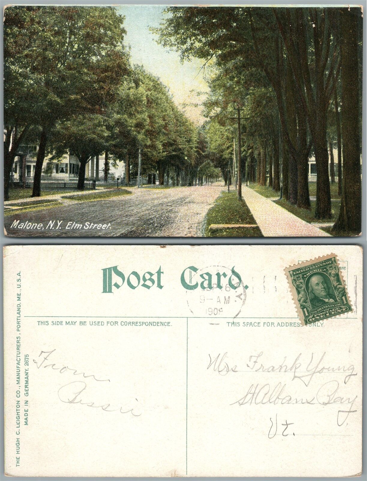 MALONE N.Y. ELM STREET 1908 ANTIQUE POSTCARD