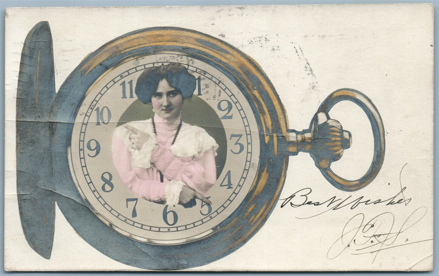 PHOTOMONTAGE LADY IN POCKET WATCH 1906 ANTIQUE REAL PHOTO POSTCARD RPPC