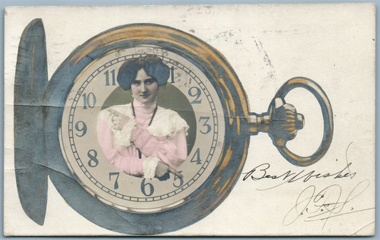 PHOTOMONTAGE LADY IN POCKET WATCH 1906 ANTIQUE REAL PHOTO POSTCARD RPPC