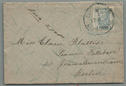 1902 AUSTRIA LEVANT STAMP COVER to JERUSALEMSTRASSE BERLIN 1 PIASTER OVERPRINTED