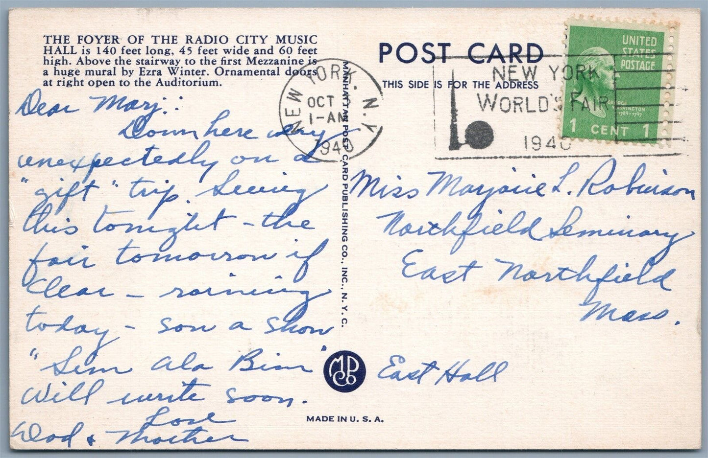 NEW YORK NY RADIO CITY MUSIC HALL FOYER 1940 ANTIQUE POSTCARD