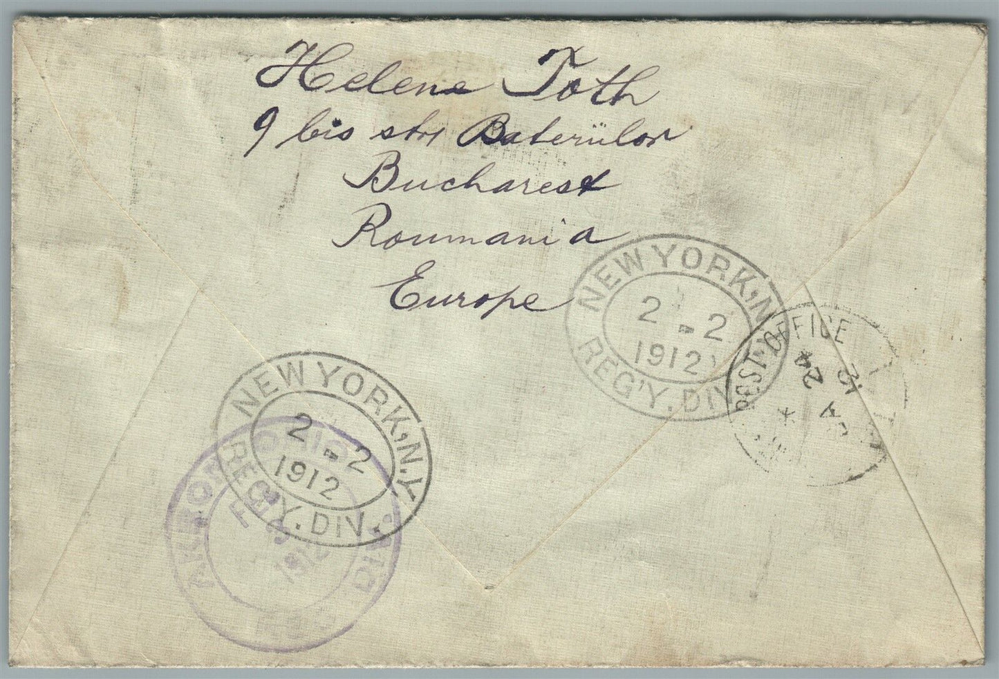 ROMANIA to USA 1912 ANTIQUE COVER