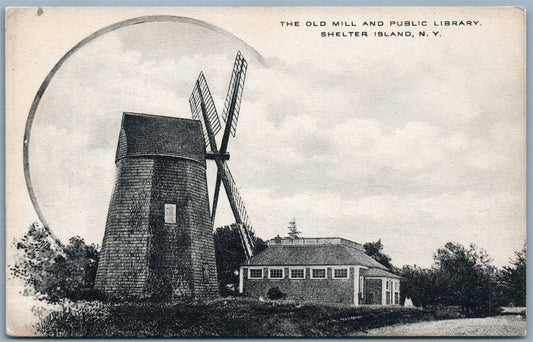 SHELTER ISLAND NY OLD MILL & PUBLIC LIBRARY ANTIQUE POSTCARD
