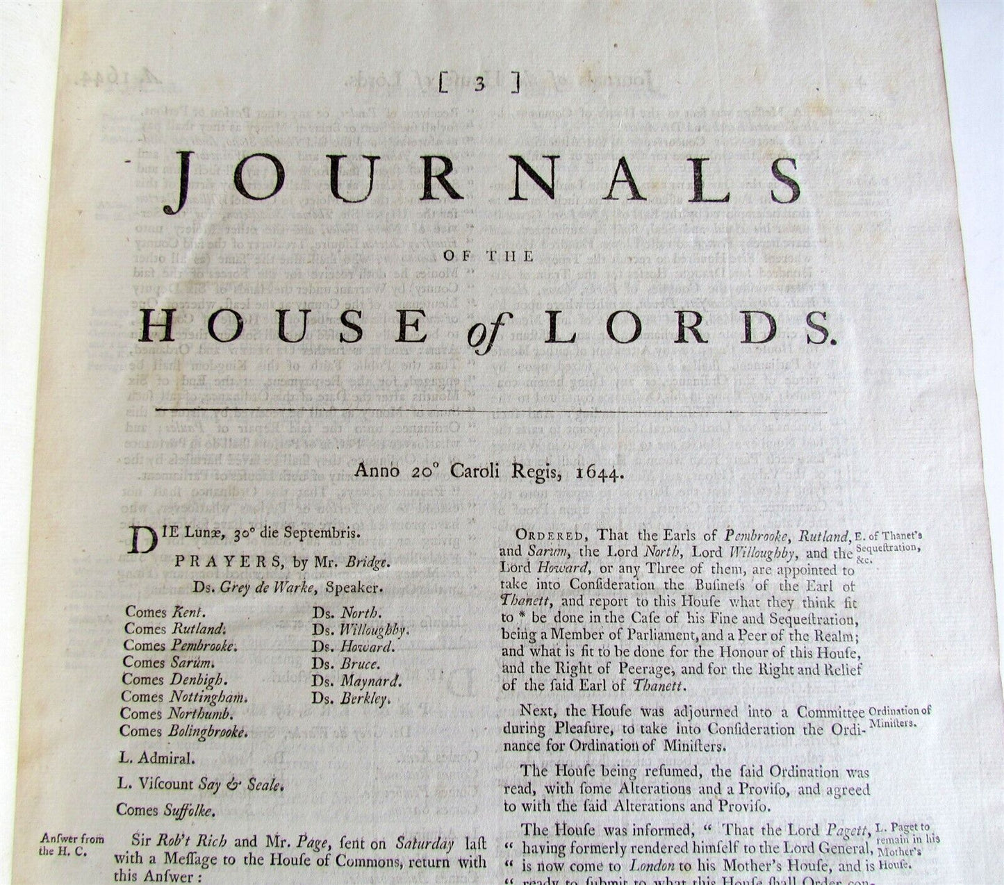 JOURNALS OF THE HOUSE OF LORDS 1644-1645 large folio antique in ENGLISH