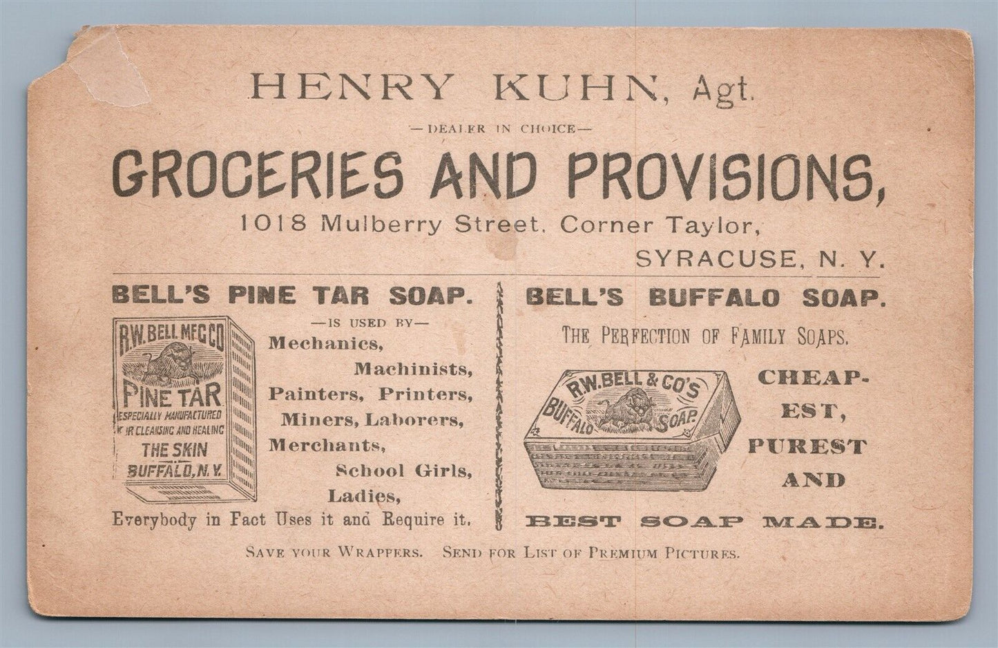 1893 WORLD'S FAIR BELLS BUFFALO SOAP KUHN GROCERY ADVERTISING ANTIQUE POSTCARD