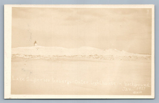 LAKE SUPERIOR ICEBERGS WI LIGHT HOUSE ANTIQUE REAL PHOTO POSTCARD RPPC