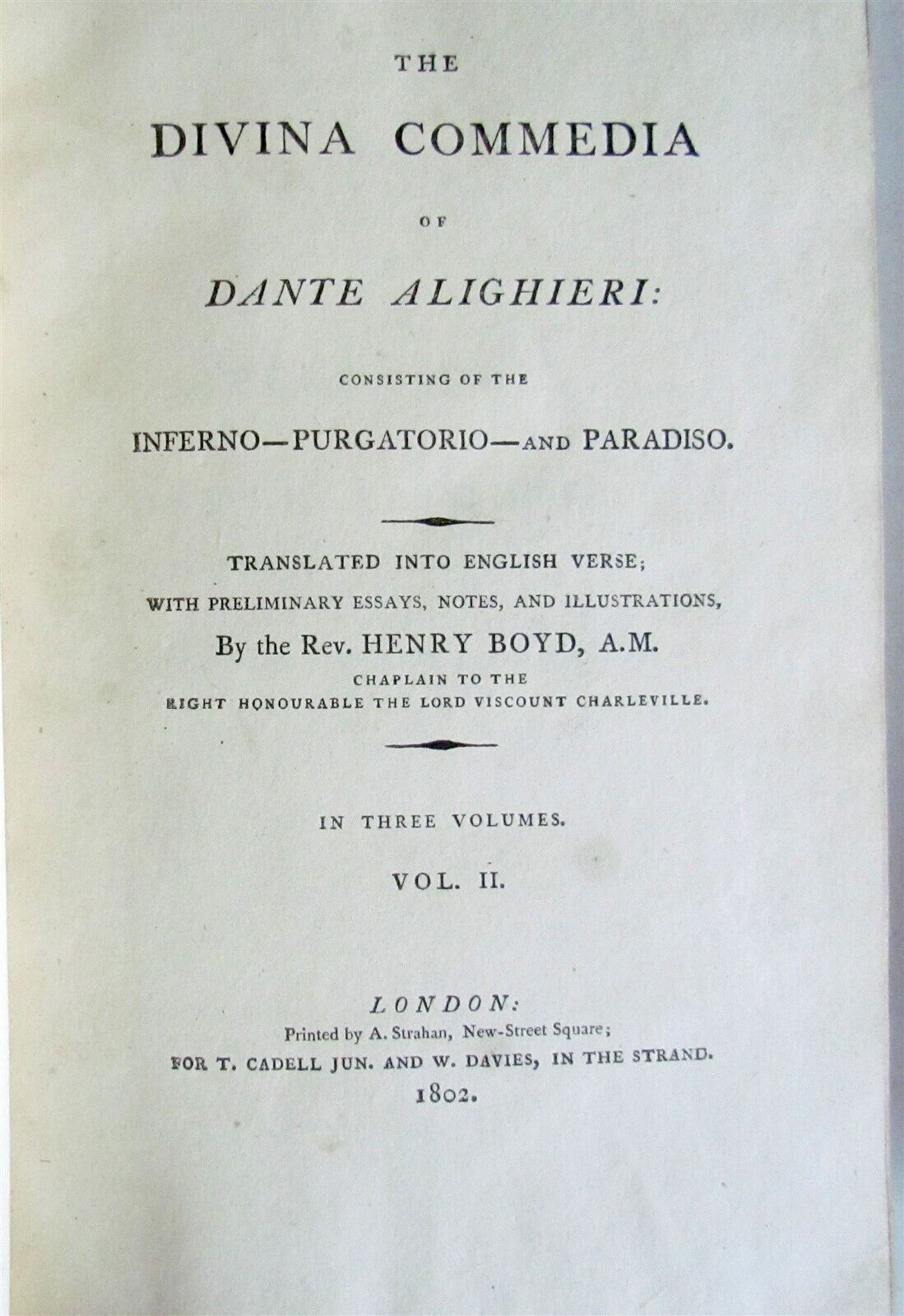 1802 DIVINA COMMEDIA of Dante Alighieri 1st ENGLISH EDITION antique 3 VOLUMES