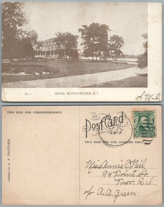 HOTEL BUTTONWOODS R.I. Narragansett Bay ANTIQUE POSTCARD w/ CORK CANCEL