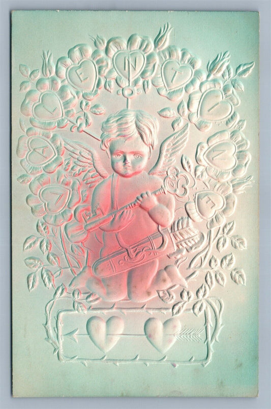 VALENTINE DEEPLY EMBOSSED ANTIQUE POSTCARD CUPID w/ KEY