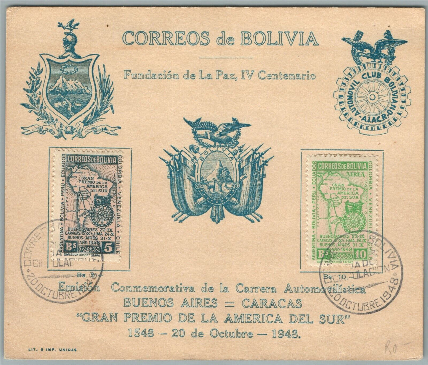 BOLIVIA VINTAGE COVER w/ STAMPS BUENOS AIRES - CARACAS MOTOR RACE COMMEMORATIVE