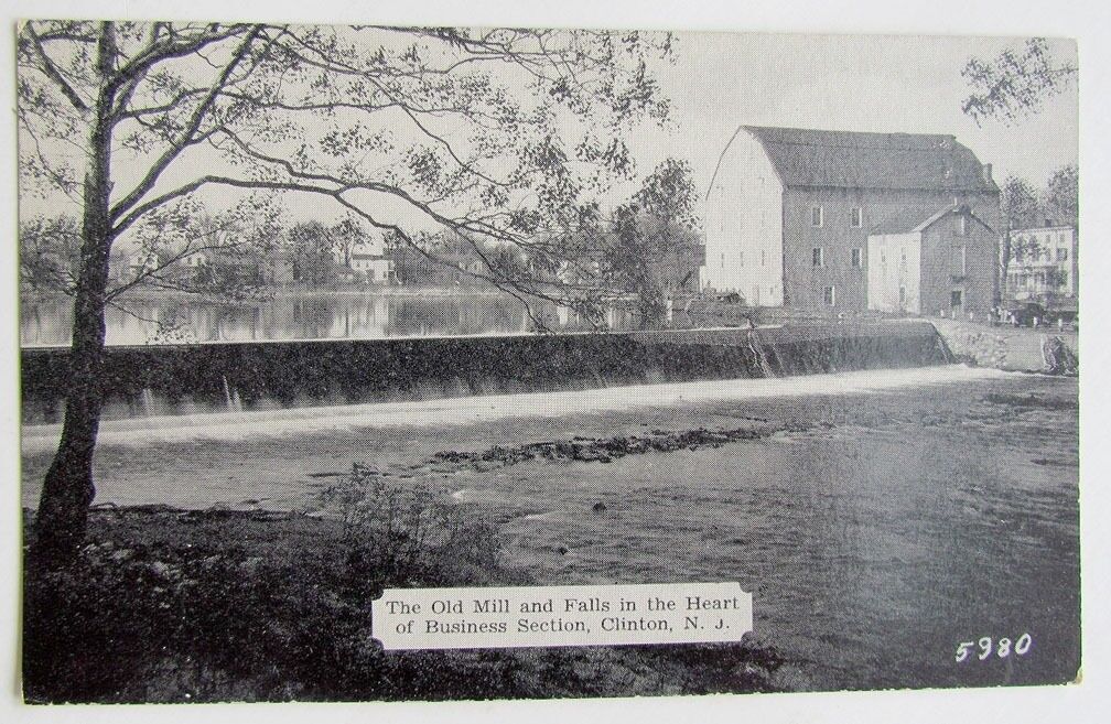 CLINTON NJ OLD MILL & FALLS IN THE HEART OF BUSINESS SECTION ANTIQUE POSTCARD