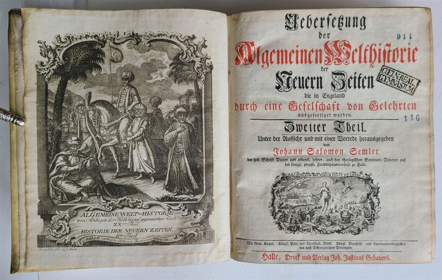 1759 HISTORY OF THE WORLD in GERMAN antique ILLUSTRATED w/VIEW of ISFAHAN vellum