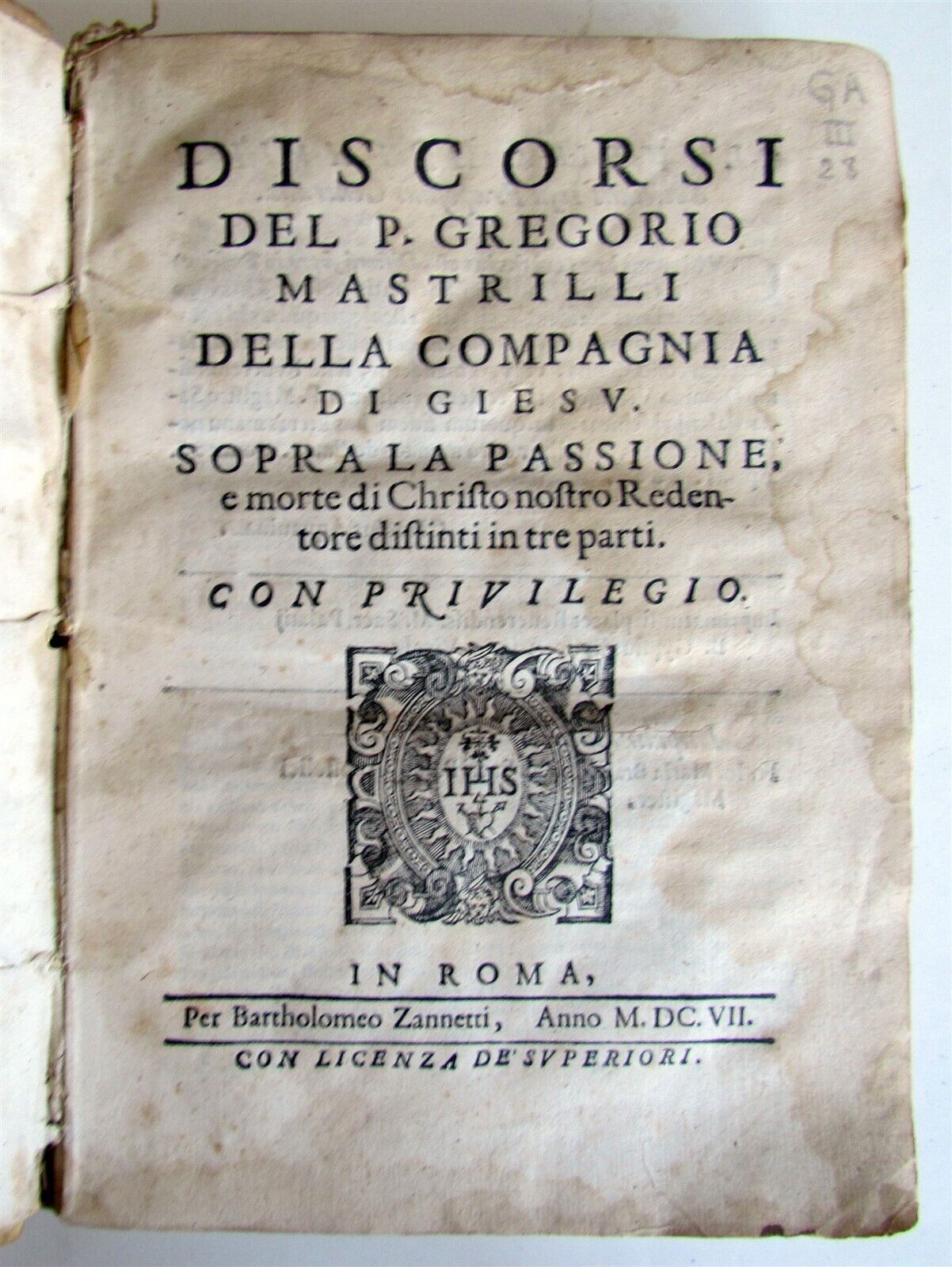 1607 DISCORSI DEL P.GREGORIO MASTRILLI DELLA COMPAGNIA DI GIESU antique VELLUM