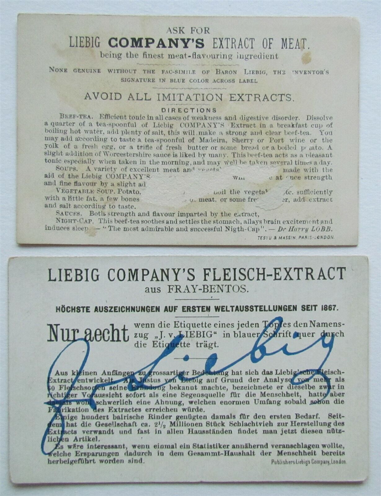 LIEBIG COMPANY'S set of 2 ANTIQUE VICTORIAN TRADE CARDS