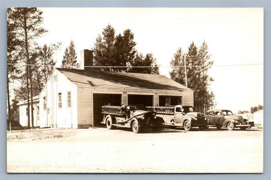 FIRE TRUCKS AT THE GARAGE ANTIQUE REAL PHOTO POSTCARD RPPC