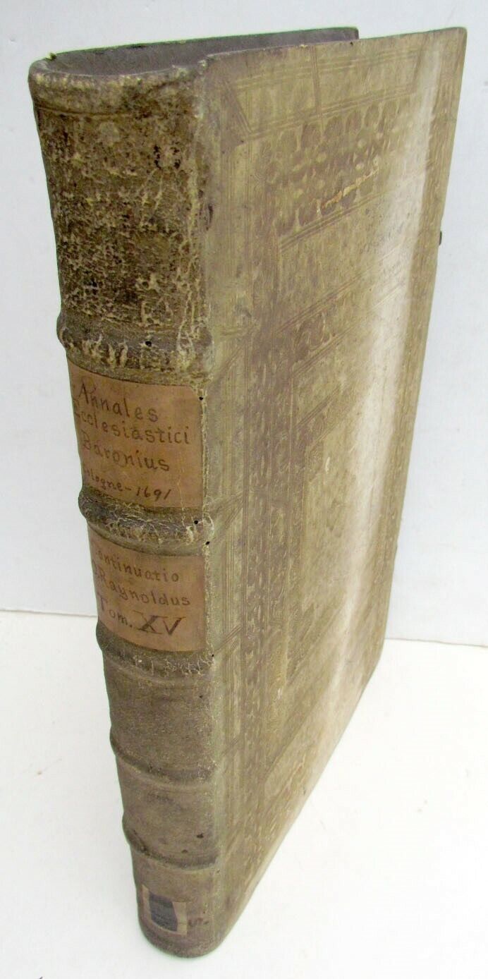 1691 BLIND-STAMPED PIGSKIN OVER WOODEN BOARDS FOLIO ANNALES ECCLESIASTICI Vol.15