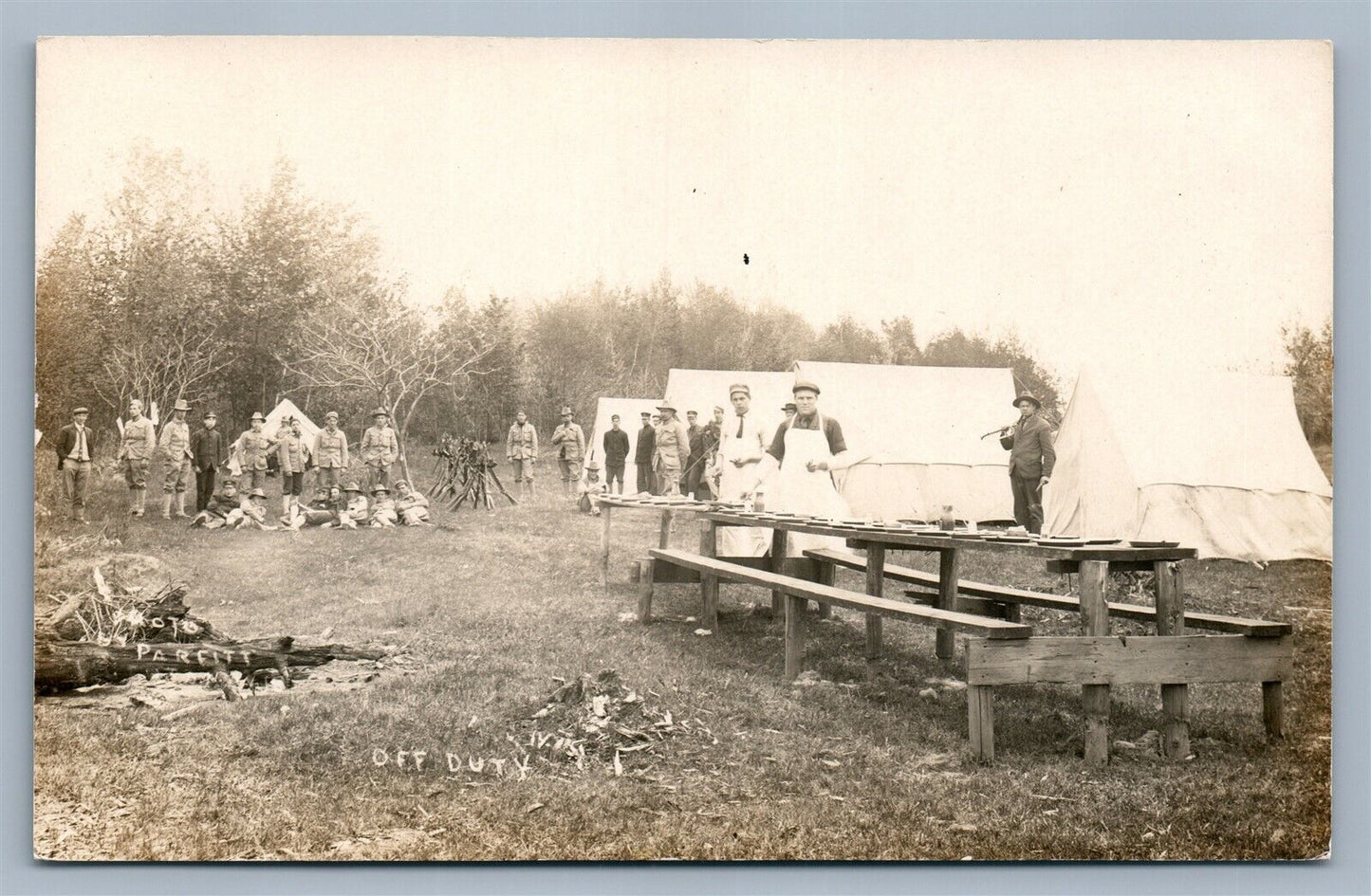 MILITARY CAMP SOLDIERS OFF DUTY ANTIQUE REAL PHOTO POSTCARD RPPC