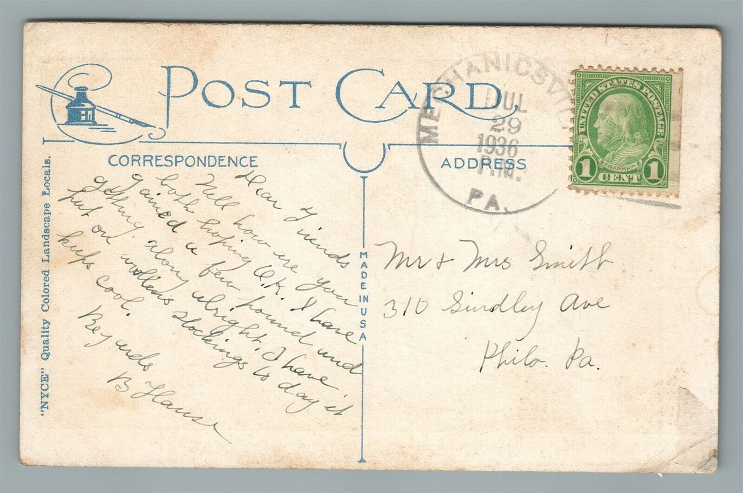 MECHANICSVILLE PA GREETINGS ANTIQUE POSTCARD
