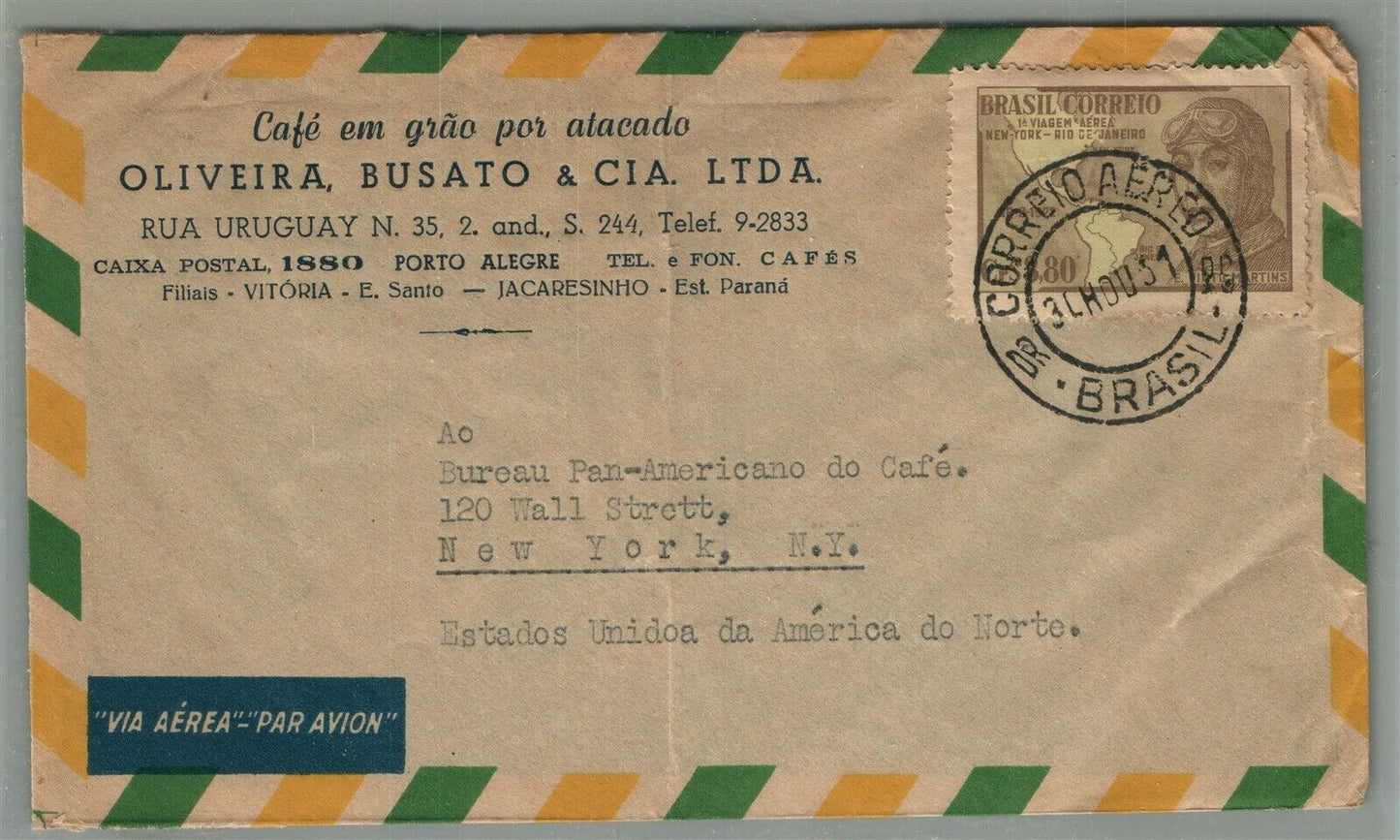 BRAZIL to NEW YORK USA BUREAU PAN AMERICANO DO CAFE VINTAGE COVER w/ STAMP