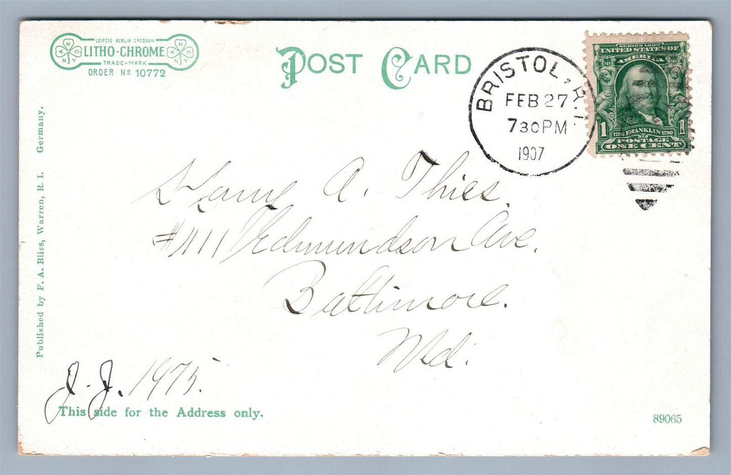 WARREN RI JOYCE STREET SCHOOL 1907 UNDIVIDED ANTIQUE POSTCARD w/ CORK CANCEL