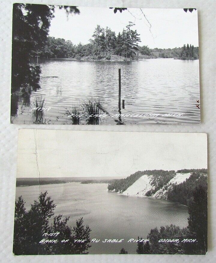 2 MICHIGAN VIEWS VINTAGE RPPC REAL PHOTO POSTCARDS - FIN LAKE & AU SABLE RIVER