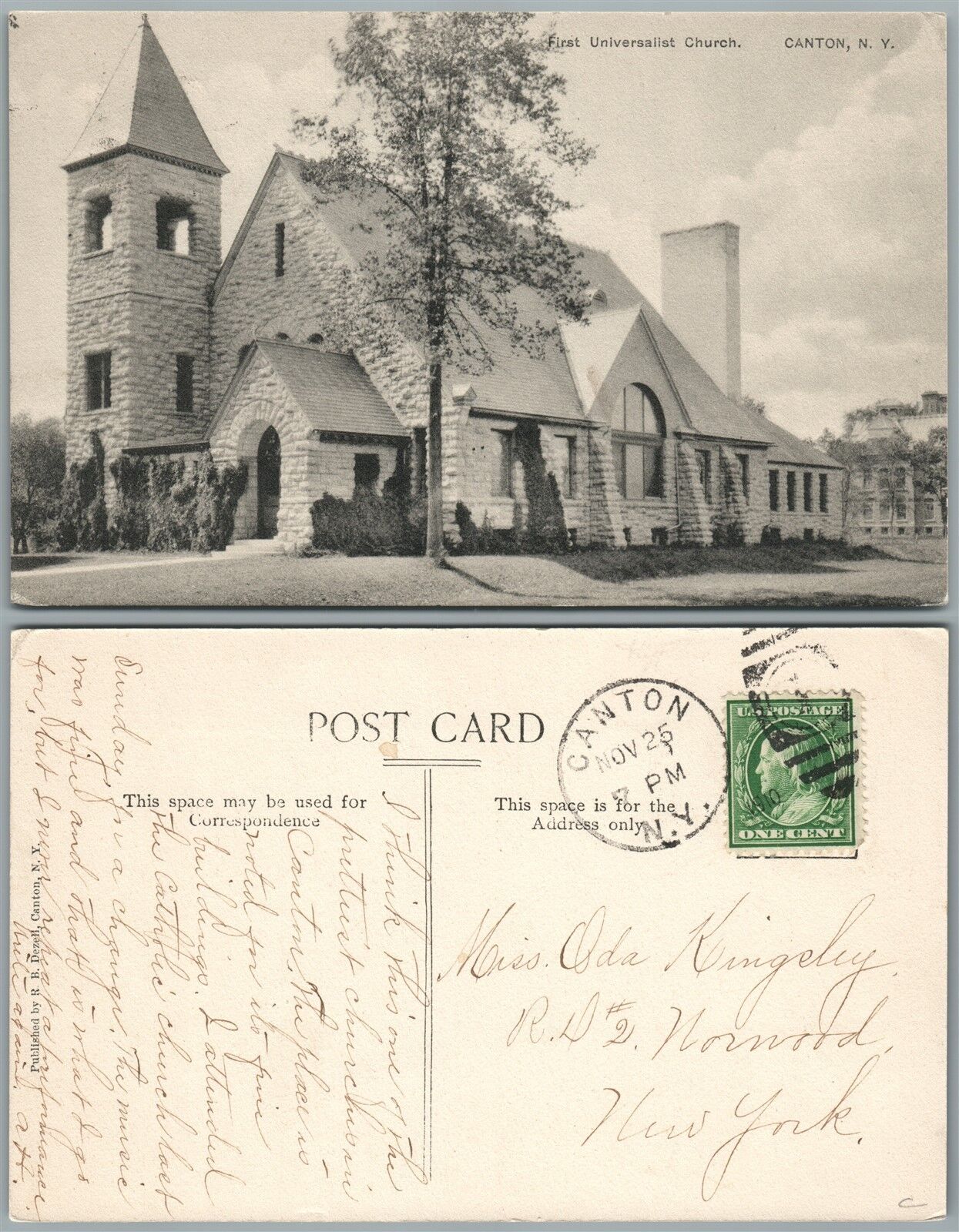 CANTON N.Y. FIRST UNIVERSALIST CHURCH ANTIQUE POSTCARD w/ CORK CANCEL