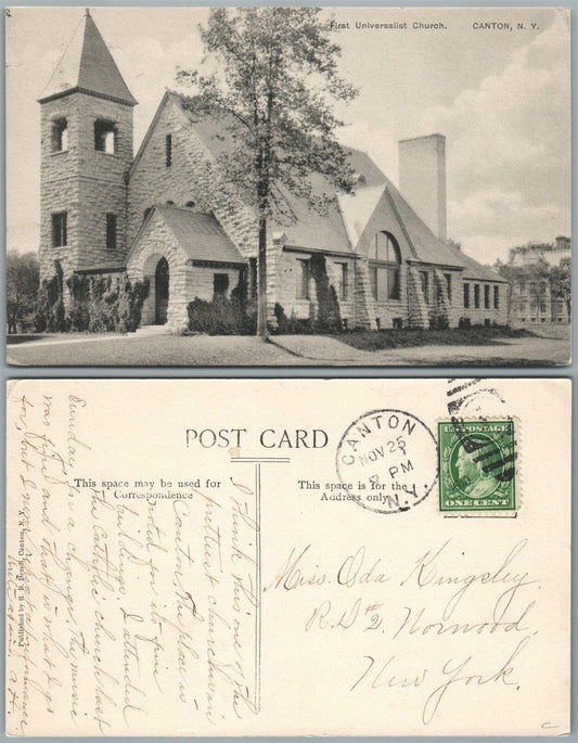 CANTON N.Y. FIRST UNIVERSALIST CHURCH ANTIQUE POSTCARD w/ CORK CANCEL
