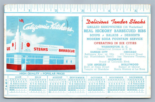 CALIFORNIA KITCHENS 1941 VINTAGE ADVERTISING POSTCARD w/ CALENDAR