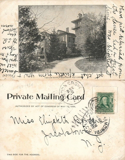 CEDARCROFT KENNETT SQUARE PA 1905 ANTIQUE POSTCARD PRIVATE MAILING CARD