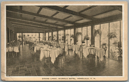 HONOLULU T.H. HAWAII NIUMALU HOTEL DINING LANAI ANTIQUE POSTCARD